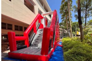 Fully set up Inflatable Free Fall ready for action at a carnival.