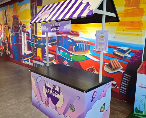 Personalized push cart rental with logo display, used at a festival for product sampling