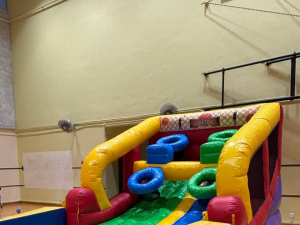 Fun inflatable basketball setup at Gongshang Primary School, Singapore featuring vibrant hoops and fast-paced gameplay.