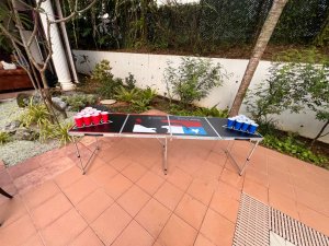Beer pong table with cups arranged in a triangle formation at Leedon Park, Singapore.