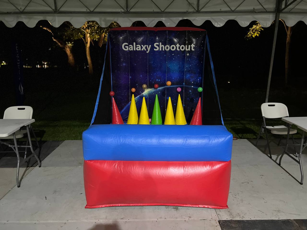 Galaxy Shootout - Jurong Lake Gardens Galaxy Shootout game at Jurong Lake Gardens, Singapore — a space-themed inflatable challenge where players use Nerf blasters to shoot down floating balls.