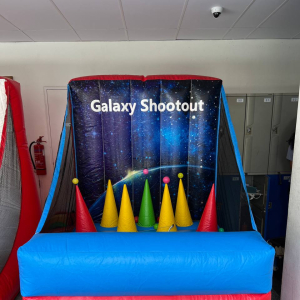 Galaxy Shootout - Tanglin Trust School Colorful Galaxy Shootout setup at Tanglin Trust School, Singapore, combining Nerf blasters and floating targets for a galactic carnival experience.