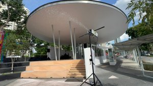 Snow machine in use at Science Centre Singapore Main Entrance, creating artificial snowfall for an event