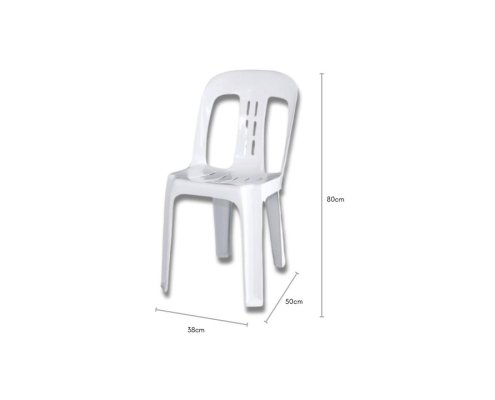 Plastic event chairs on display with size specifications for rental services in Singapore
