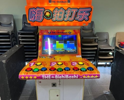 Interactive Bishi Bashi arcade machine at Tanjong Pagar CC Art Gallery, Singapore – fun and energetic group gameplay