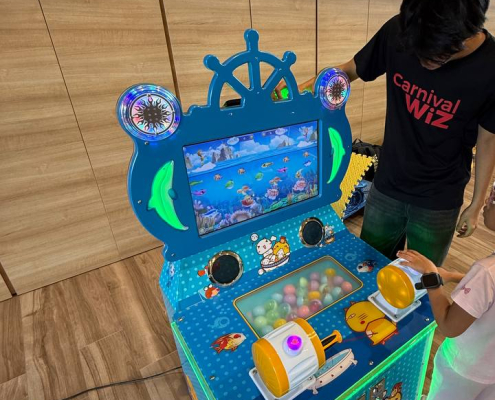 Interactive Fish Frenzy game setup at Wisma Geylang Serai, Singapore – perfect for children’s events and parties