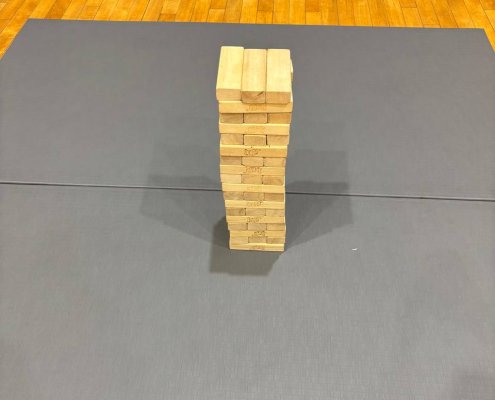 Giant Jenga tower set up at Gongshang Primary School, Singapore, standing tall on the ground and ready for play.