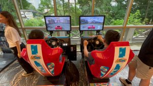 Outrun arcade racing machine at Fort Canning Hotel, Singapore – classic driving game experience for all ages