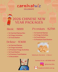 Carnival Wiz 2026 Chinese new year package setup featuring cny games, inflatables and food stations