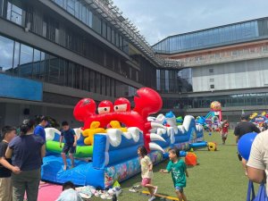 Under the sea themed inflatable obstacle course with ocean graphics for children events